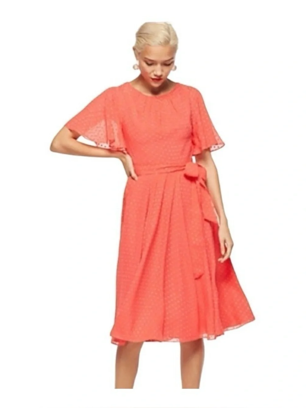 NWT Kate Spade Clipped Chiffon Dress in Paprika(653). Midi Dress with Tie Waist.